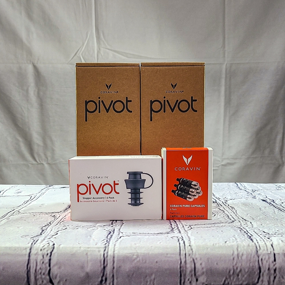 Coravin Pivot (2), 6 piece pure capsules, 6 piece wine stopper